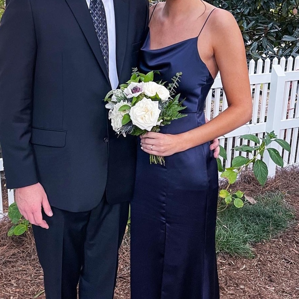 Amsale Chloe cowl neck dress navy satin with slit
